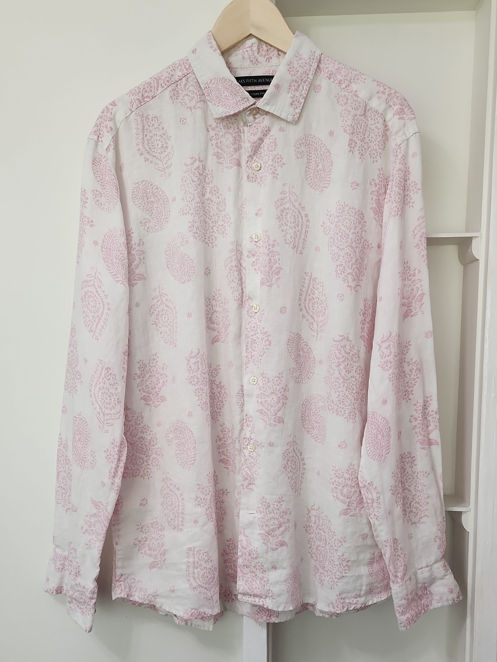Saks 5th Avenue Paisley Print 100% Linen Shirt XL Slim Fit Long Button Up